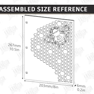 May include: A laser-cut panel with a bee and honeycomb design. The panel is 10.5 inches tall, 8 inches wide, and 0.2 inches thick. The text "ASSEMBLED SIZE REFERENCE" is at the top.