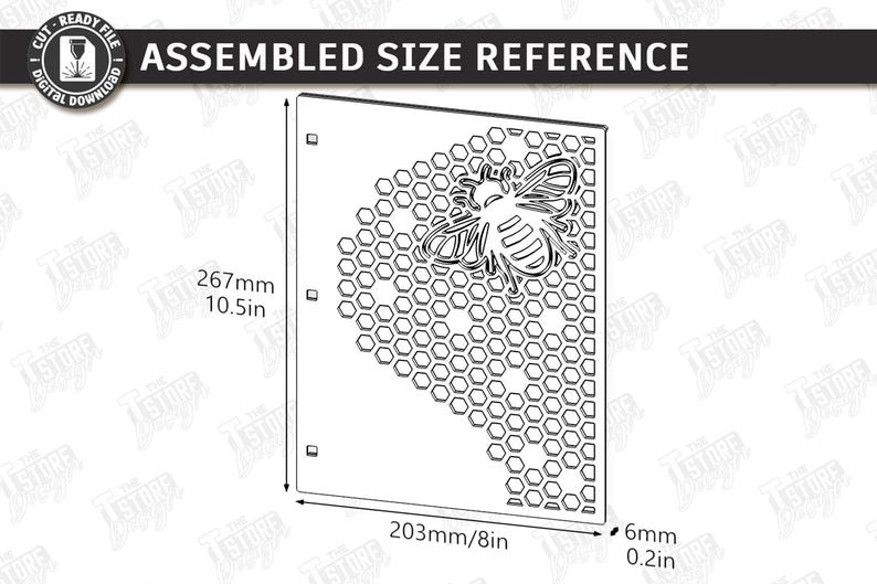 May include: A laser-cut panel with a bee and honeycomb design. The panel is 10.5 inches tall, 8 inches wide, and 0.2 inches thick. The text "ASSEMBLED SIZE REFERENCE" is at the top.