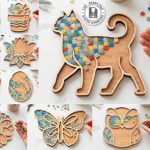 May include: A collection of ten laser-cut wooden designs, including a cat, owl, and butterfly, each partially filled with colorful mosaic tiles. The designs are compatible with any material thickness and are available as digital downloads.