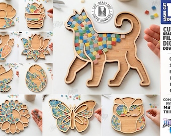 Mosaic Tray SVG - Wooden Mosaic Base Laser Cut - DIY Craft Kit - Kids Craft Template - Animal Mosaic Patterns svg