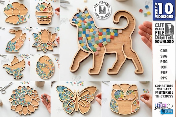 Mosaic Tray SVG - Wooden Mosaic Base Laser Cut - DIY Craft Kit - Kids Craft Template - Animal Mosaic Patterns svg