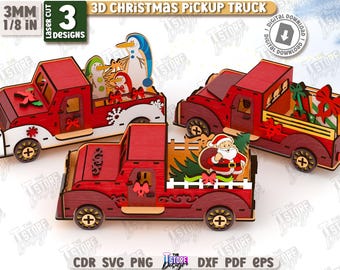 May include: Three laser-cut 3D Christmas pickup trucks in red and white. One truck has a snowflake design, another has a Santa Claus graphic, and the third has gifts. The text reads "3D Christmas Pickup Truck".