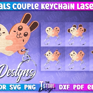 May include: Six designs of laser cut wooden keychain couples. The designs include a bunny and a bear, a cat and a cat, a dog and a dog, a bunny and a bunny, a cat and a cat, and a dog and a dog. The keychains are attached to silver rings.