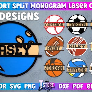 Pacchetto di cartelli con nomi sportivi personalizzati tagliati al laser, ornamento monogramma diviso personalizzato, appendiabiti da parete in formato svg, carta tagliata con monogramma diviso personalizzato, football