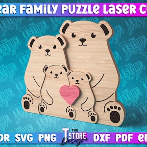 Quebra-cabeça Família Urso Cortado a Laser | Design SVG Amor | Arquivos de Quebra-cabeça Família Amor Cortados a Laser | Quebra-cabeça Família Urso com 2 crianças | Quebra-cabeça Família Urso