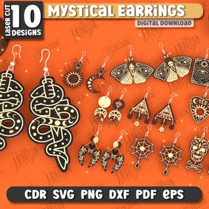 Puede incluir: Un fondo naranja muestra 10 diseños de pendientes místicos cortados con láser. Los pendientes presentan varias formas, incluyendo serpientes, lunas, polillas y calaveras. El texto "10 Designs" y "Mystical Earrings" es visible. También se enumeran los formatos de archivo CDR, SVG, PNG, DXF, PDF y EPS.