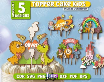 Pacote de toppers de bolo personalizados cortados a laser para crianças, decoração de bolo de aniversário, topper de cupcake a laser, decoração de festa de aniversário em SVG, animais fofos, dinossauros.