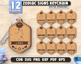 Zodiac Signs Keychains Laser Cut Bundle, Astrology Signs SVG, Horoscope Ornaments SVG, Horoscope Gift, Custom Wooden Celestial Keychain SVG