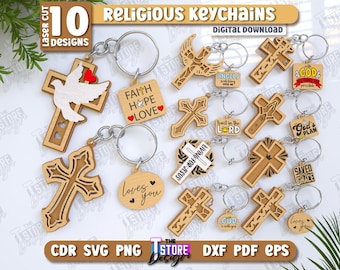 Religious Keychains Laser Cut Bundle, Christian Cross Keychains, Religious Faith Gifts, Christian Phrases SVG, Jesus SVG, Christian Keyrings