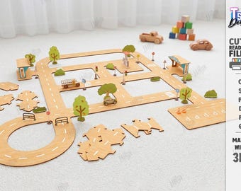 3D Puzzle Kids Traffic Toy - Wooden Toy Car Track Laser Cut, 3D Kids Race Car Track, Montessori Education Toys, Wooden Road Car Race Track,