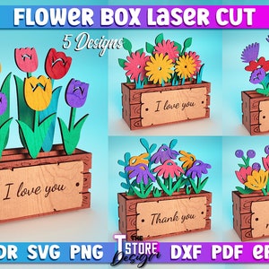 Paquete SVG de corte láser de caja de flores / Diseño SVG de caja de ramo de flores / Archivos cortados por láser