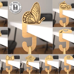 Puede incluir: Una colección de 10 clips de madera para mesa o estante con varios diseños decorativos, incluyendo una ballena, mariposa, calabaza, girasol, gnomo, lazo, rosa, concha, murciélago y pretzel. El texto "CUT READY FILE DIGITAL DOWNLOAD" es visible.