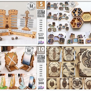 K&ouml;nnte beinhalten: Holz-Laserschnitt-Spielzubeh&ouml;r, darunter W&uuml;rfelbeh&auml;lter, Initiative-Tracker und Telefonst&auml;nder. Das Bild zeigt auch verschiedene dekorative Boxen und Journale mit gravierten Designs. Die Artikel sind aus hellbraunem Holz gefertigt.