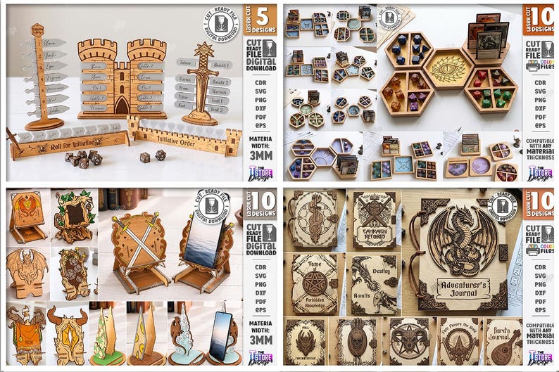 K&ouml;nnte beinhalten: Holz-Laserschnitt-Spielzubeh&ouml;r, darunter W&uuml;rfelbeh&auml;lter, Initiative-Tracker und Telefonst&auml;nder. Das Bild zeigt auch verschiedene dekorative Boxen und Journale mit gravierten Designs. Die Artikel sind aus hellbraunem Holz gefertigt.