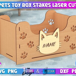 May include: Laser cut wooden pet toy box with a cat paw print design. The box has a cutout for a name and is 3 mm thick.