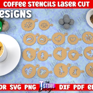 Pacote de estênceis de café cortados a laser, arquivos digitais de corte a laser Coffee Designs, estêncil redondo de café, padrão em café, arquivos CNC, v.2