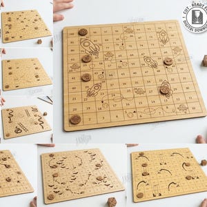 Puede incluir: Un juego de mesa cuadrado de madera con una cuadrícula numerada del 1 al 100, con gráficos cortados con láser de temática espacial como cohetes y planetas. El set incluye pequeñas fichas de madera circulares y un dado para 3mm de grosor.