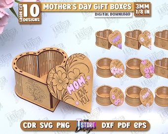 3D Mother's Day Gift Boxes Lasercut Bundle, Mother's Day Gift, Wooden Storage Basket SVG, Treat Boxes, Jewelry Boxes, Happy Mother's Day SVG