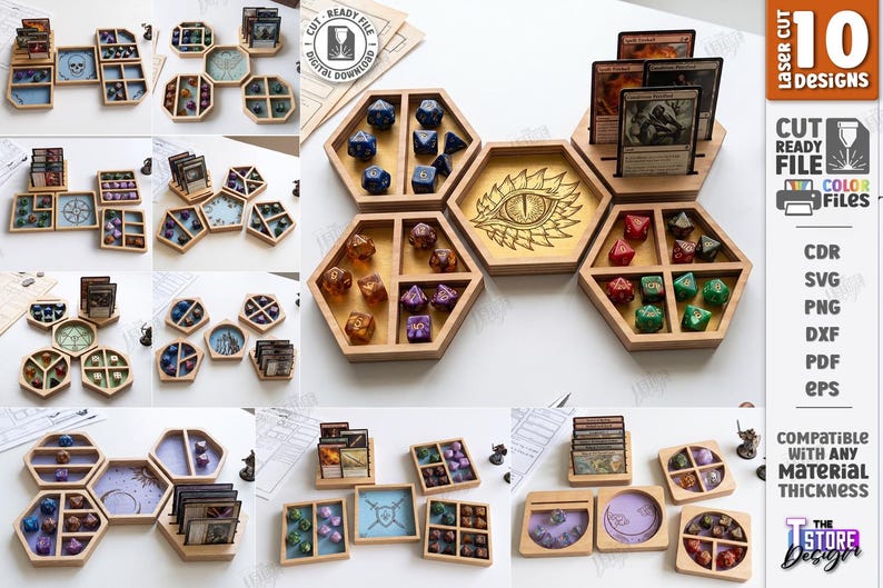 K&ouml;nnte beinhalten: Lasergeschnittene Tisch-Gaming-Organizer aus Holz. Das Set enth&auml;lt verschiedene sechseckige und rechteckige Tabletts f&uuml;r W&uuml;rfel, Karten und Token. Ein Tablett zeigt ein graviertes Augendesign. Das Bild zeigt mehrere Designs.