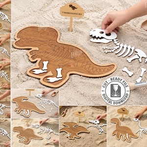 Pode incluir: Um conjunto de dez ficheiros digitais de corte a laser para puzzles de esqueletos de dinossauros. O conjunto inclui contornos de dinossauros em madeira e peças de esqueleto brancas, acompanhados por pequenas placas de madeira etiquetadas.