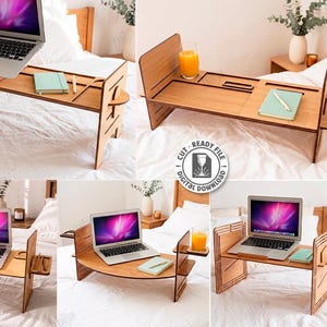 Puede incluir: Un escritorio de madera para portátil en cama con superficie plana, ranuras para dispositivos, estante lateral y diseño plegable. Archivo digital para corte láser con un grosor de material de 6mm, incluyendo 5 diseños distintos.