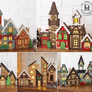Christmas Village SVG - Laser Cut Lighted Christmas Village - 3D Wooden Christmas Houses - Winter Village Tabletop Decor svg