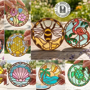 Stained Glass Coaster SVG - Layered Suncatcher Laser Cut File - Floral Nature Coaster Set - Color Acrylic Decor svg