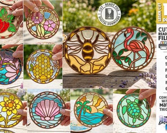 Målat glasunderlägg SVG - Layered Suncatcher laserskuren fil - Blommig naturunderläggsset - Färg akryl dekor svg