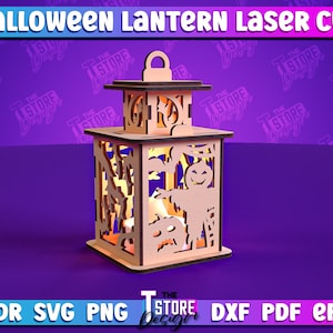 Halloween Lantern Laser Cut Design, Halloween Candle Tealight Holder, Spooky Scene Lamp Lasercut, 3D Halloween Lantern Laser cut File #7