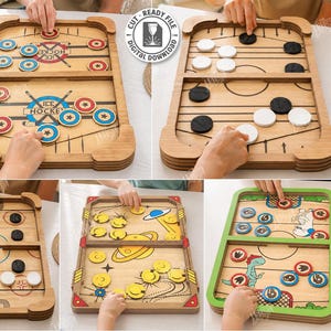 May include: A collection of five wooden tabletop ice hockey game boards featuring laser-cut designs including space themes and dinosaur graphics. Each board includes circular game pieces and is compatible with various material thicknesses.