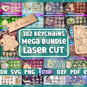 Puede incluir: Un collage de 382 diseños de llaveros para corte por láser. Los diseños incluyen una variedad de temas, como animales, festividades y objetos cotidianos. El texto "382 Keychains Mega Bundle Laser Cut" se muestra en una fuente grande y en negrita.