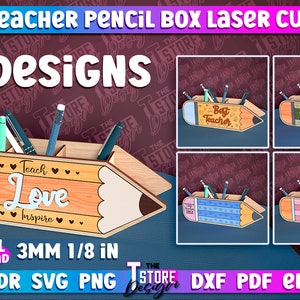 Teacher Gift Pencil Holder Desk Organizer, Teacher Pencil Box SVG Design,  Teacher or Birthday Gift Desk Stand Laser Cut Files, CNC Files