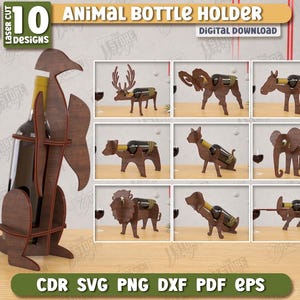 3d animal wine bottle holder laser cut bundle, wine caddy svg, boho wine bottle holder svg, wooden wine stand lasercut, animal bottle holder