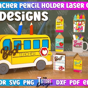 Organizador de escritorio para lápices de maestro, diseño SVG de caja de lápices de maestro, soporte de escritorio para regalo de cumpleaños o maestro, archivos cortados con láser, archivos CNC