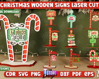 Christmas Wooden Signs Laser Cut Bundle, 3D Christmas stands decor, shelf sitter svg, Santa welcome signs laser cut, Christmas directional