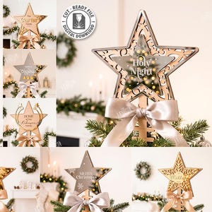 Peut inclure: Une collection de dix décorations de sapin de Noël en forme d'étoile découpées au laser avec divers motifs et textes, dont Holy Night, Merry Christmas et des noms de famille. Chaque étoile inclut un ruban décoratif et des fichiers numériques.