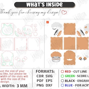 May include: Digital cut file with sheep-themed designs, including box components and decorative elements. The file includes text that says "What's Inside" and "Thank you for choosing my design!" The material width is 3 mm.