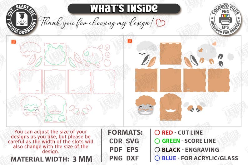 May include: Digital cut file with sheep-themed designs, including box components and decorative elements. The file includes text that says "What's Inside" and "Thank you for choosing my design!" The material width is 3 mm.