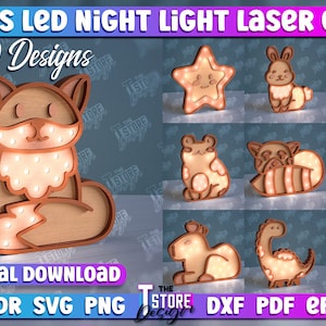 Paquete de lámparas nocturnas LED de madera para niños / Caja de luz para piernas de animales 3D Corte láser / Lámpara de luz nocturna para bebés Corte láser / Decoración de la habitación del bebé / Corte láser para niños