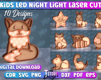 May include: Ten digital designs for laser cut kids' night lights. The designs include a fox, a star, a bunny, a sheep, a frog, a raccoon, a bird, a dinosaur, a horse, and a panda. Each design features a light-up element.