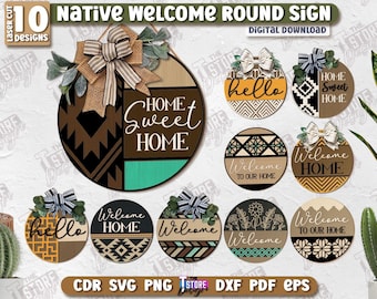 Native welcome round signs laser cut bundle, wooden welcome door hanger, front door decor,  floral door hanger svg, western decor, boho svg