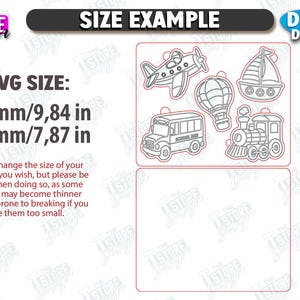 May include: Digital download featuring outline illustrations of a plane, sailboat, hot air balloon, school bus, and train. The average size is 9.84 inches by 7.87 inches, or 250 mm by 200 mm. The image includes the text "SIZE EXAMPLE".