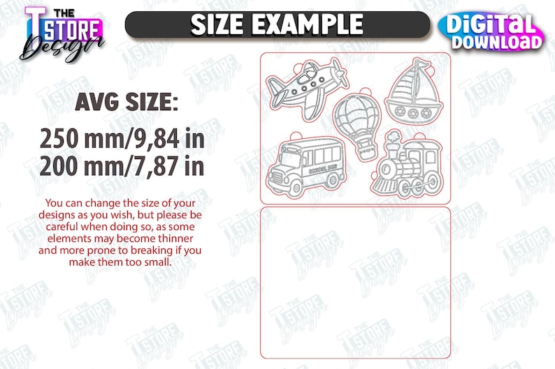 May include: Digital download featuring outline illustrations of a plane, sailboat, hot air balloon, school bus, and train. The average size is 9.84 inches by 7.87 inches, or 250 mm by 200 mm. The image includes the text "SIZE EXAMPLE".
