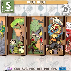 May include: Five laser-cut book nook designs. Each design features a different scene: a dragon on a mountain, forest creatures, a monster, a dragon and samurai, and a woman in a kimono. The text "BOOK NOOK" and "5 Designs" are visible.