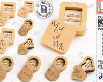 May include: A collection of laser-cut wooden ring boxes in various shapes, including rectangular, round, and heart-shaped. Each box features a space for rings and decorative text such as "Forever Starts Here" and "Mr & Mrs".