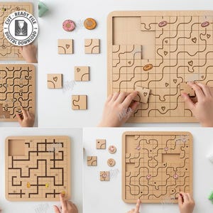 May include: Wooden puzzle boards with laser-cut designs, featuring maze-like patterns and various shapes. The image shows hands interacting with the puzzles, along with additional wooden pieces and decorative elements. The text on the image says "CUT READY FILE".