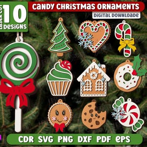 3d Christmas candy ornaments laser cut bundle, Christmas tree toys lasercut, gingerbread ornament laser cut, wooden xmas cookie ornament svg