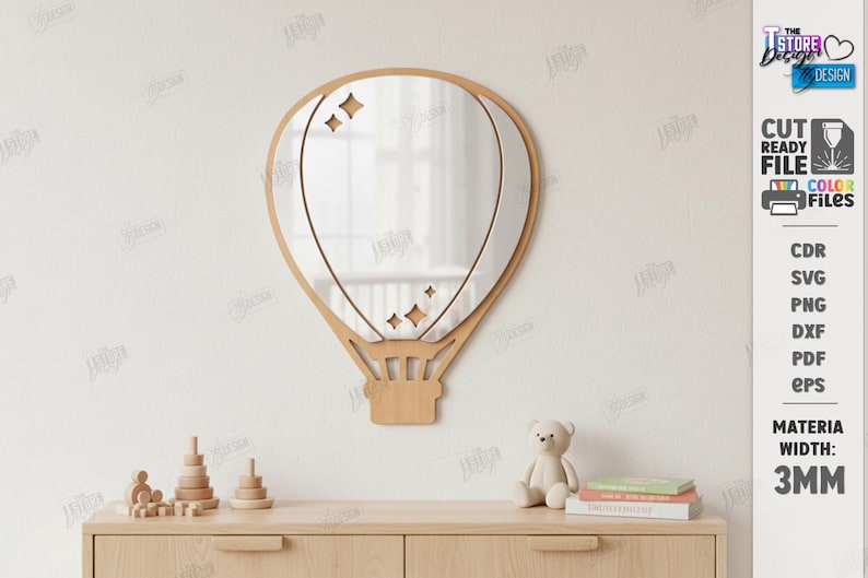 May include: A wooden hot air balloon mirror with a mirrored center and star cutouts. The mirror is mounted on a white wall above a wooden dresser. The dresser has a teddy bear, books, and wooden toys on top.
