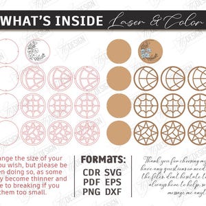 May include: Digital download image featuring laser cut designs in various circular shapes. Includes floral, geometric, and celestial patterns. The image also includes the text "WHAT'S INSIDE Laser & Color" and file format options.