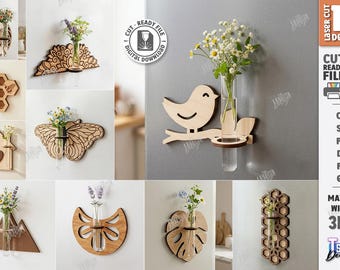 Wall Flower Vase Laser Cut File - Test Tube Flower Holder Bundle - Wooden Wall Planter Decor - Floral Home Decor svg
